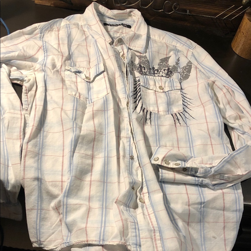 Men's White Plaid Long-Sleeve Shirt with Graphic Detail